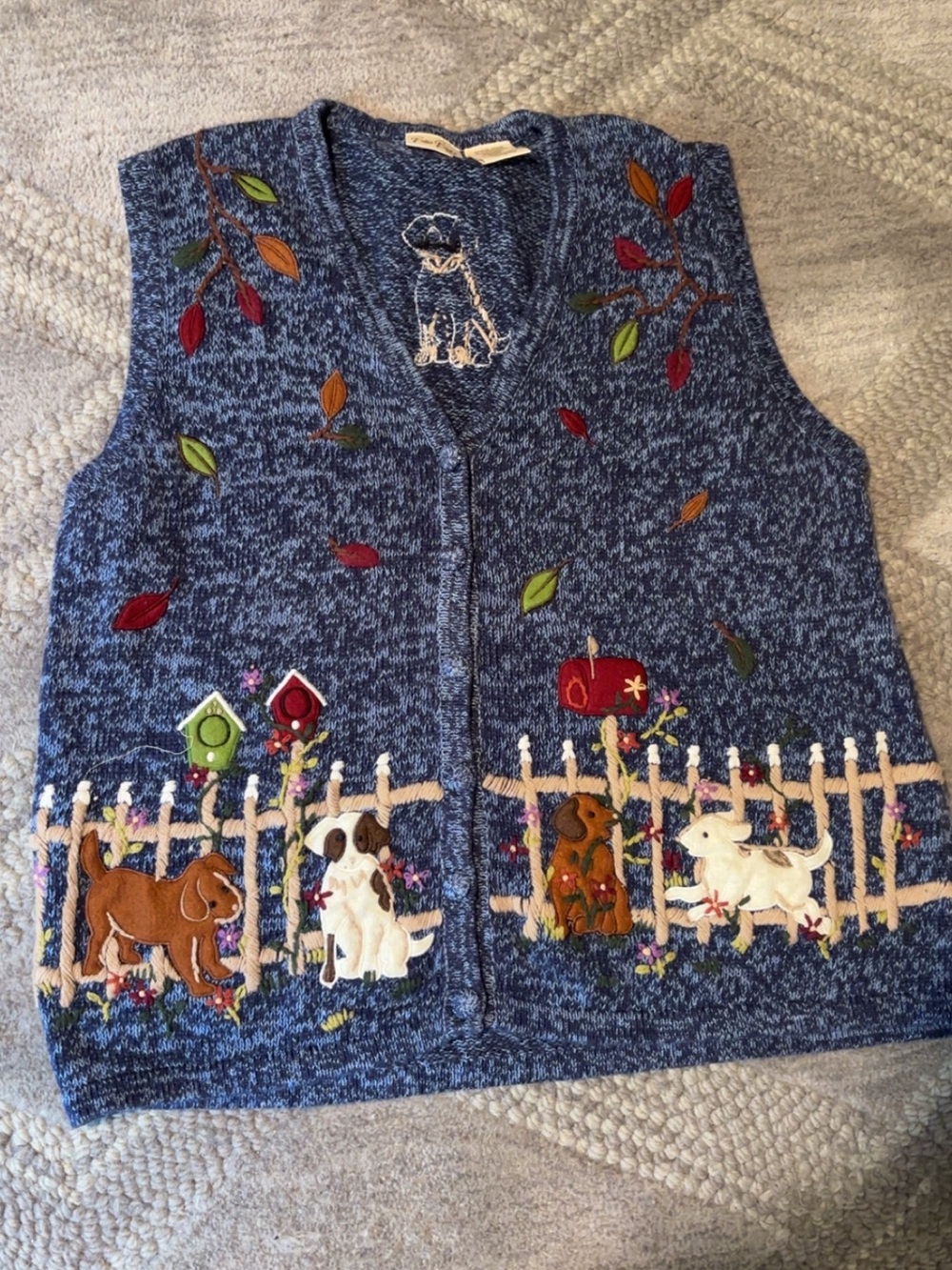 Bobbie Brooks Embroidered Blue Pets Sweater Vest with Dog & Garden Appliqués 2X